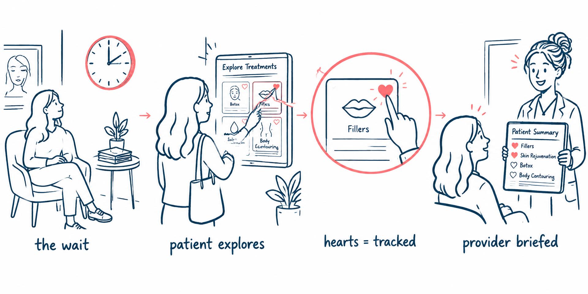 A patient waits, explores treatments on Aesthetic Kiosk, hearts services, and gives the provider a ready-to-use summary