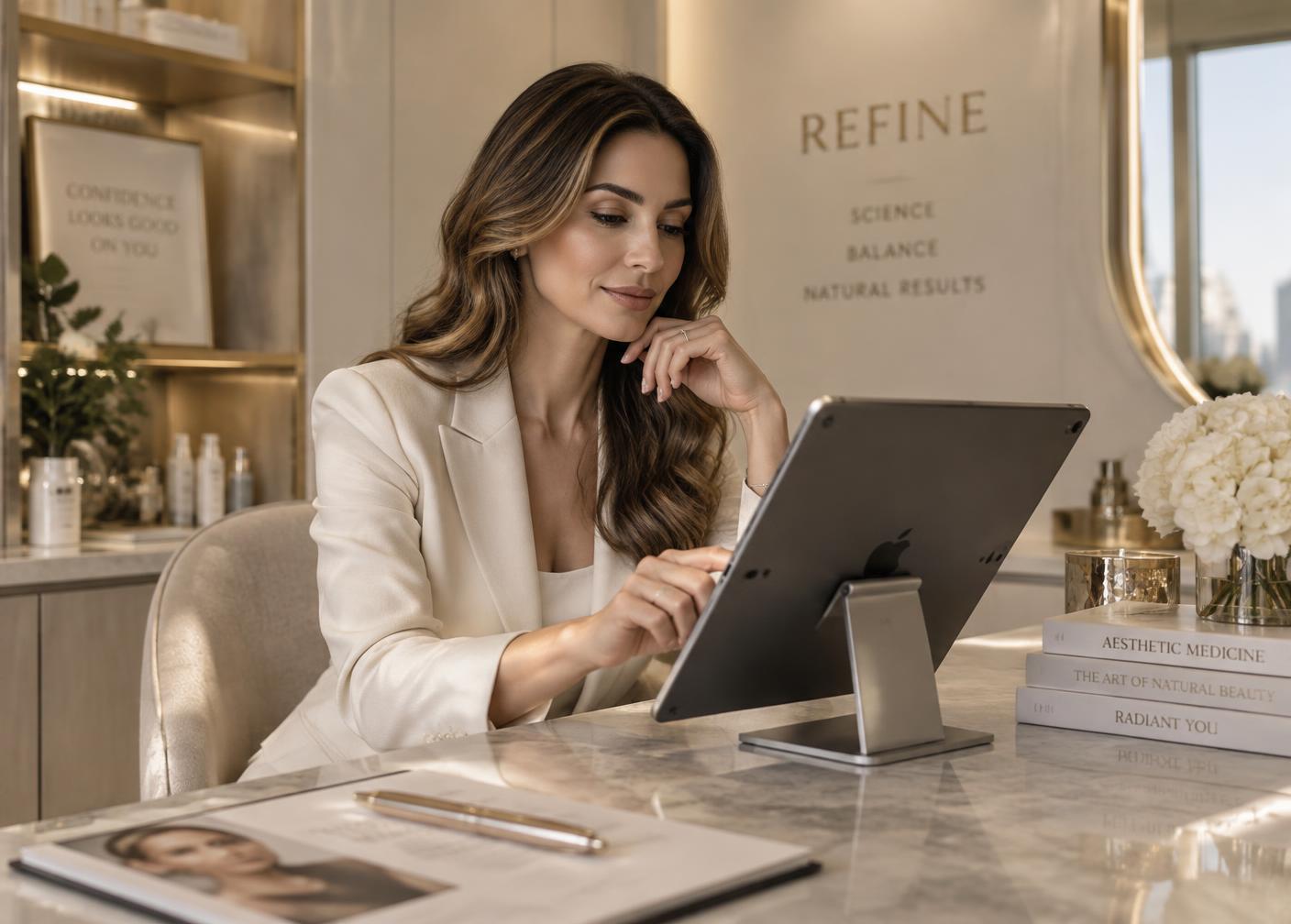 A patient seated alone browsing treatments on a tablet in a consult room