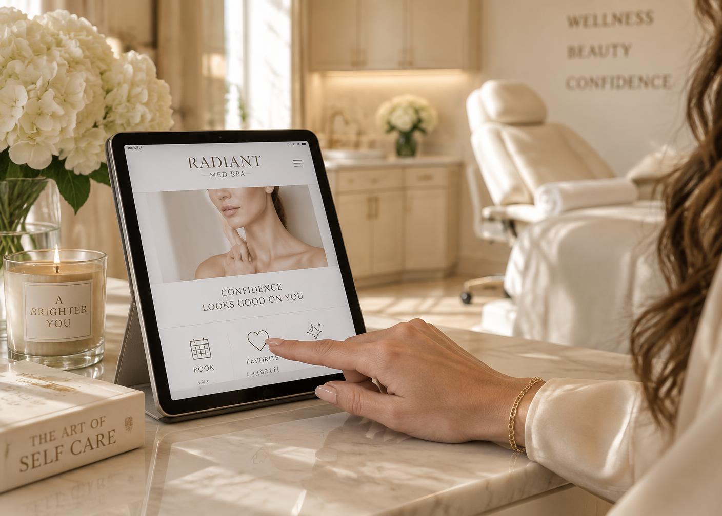 Close-up of a patient tapping the heart icon on the kiosk screen