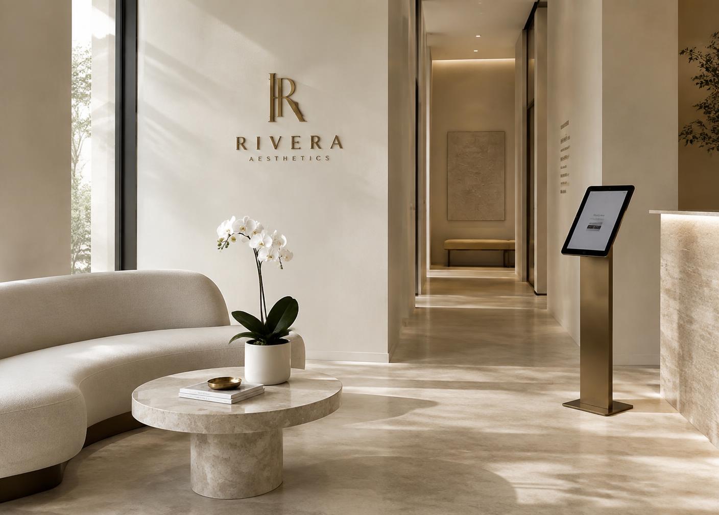 A tablet on a stand in a luxurious aesthetic clinic waiting area